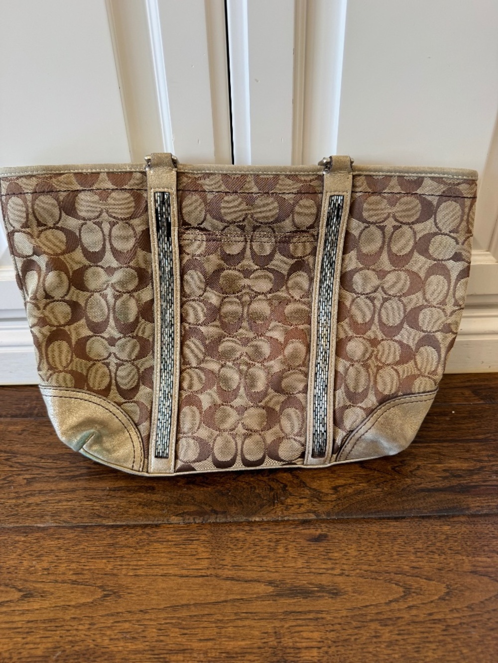 Coach Signature Canvas Tote Bag with Metallic Leather Trim